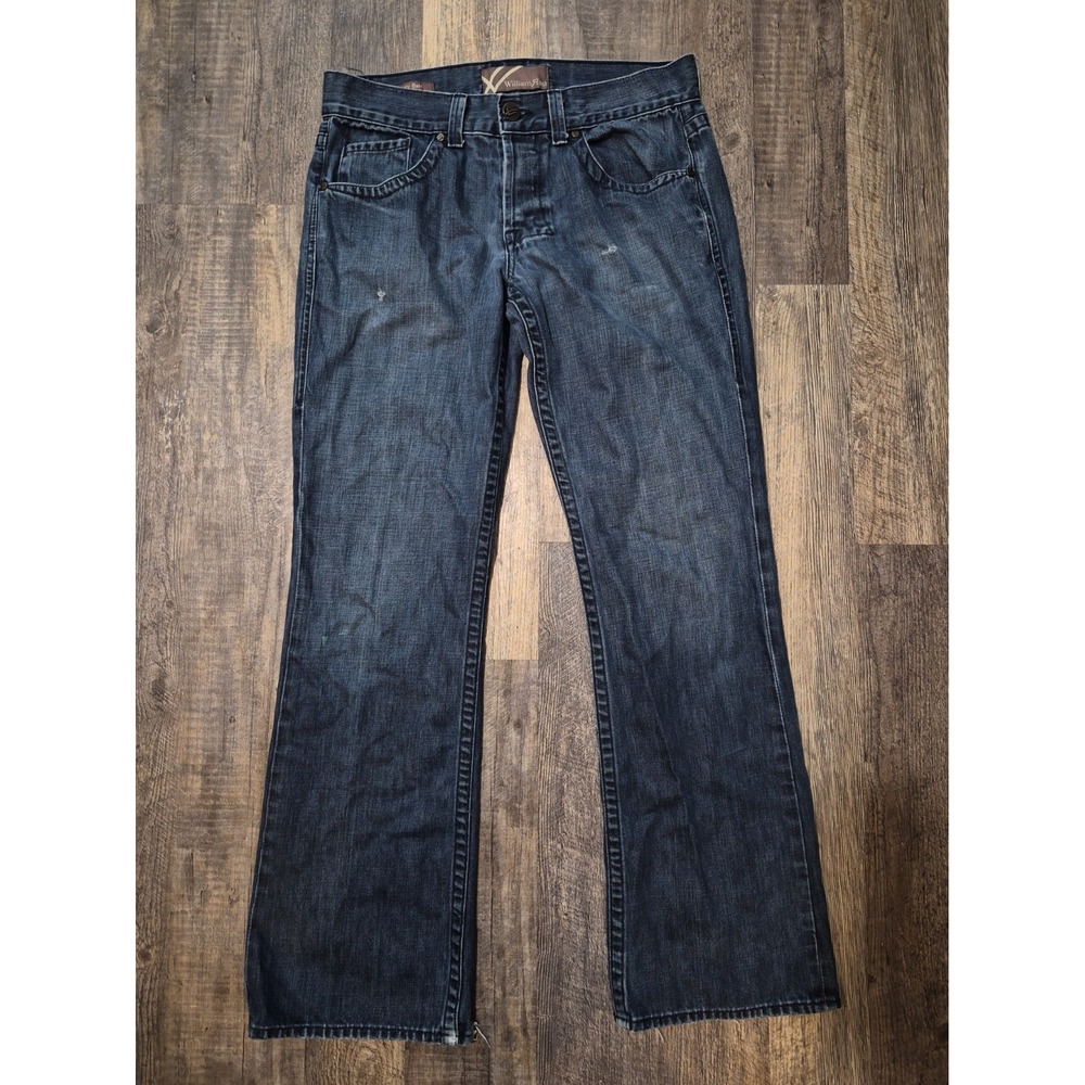William Rast Billy Flare Button Fly Jeans Dark Wash Men's Size 34 x 33 Distress